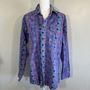 VTG 90s Wrangler Geometric Purple Brushpopper Western Rodeo Cowboy 17-35 Shirt